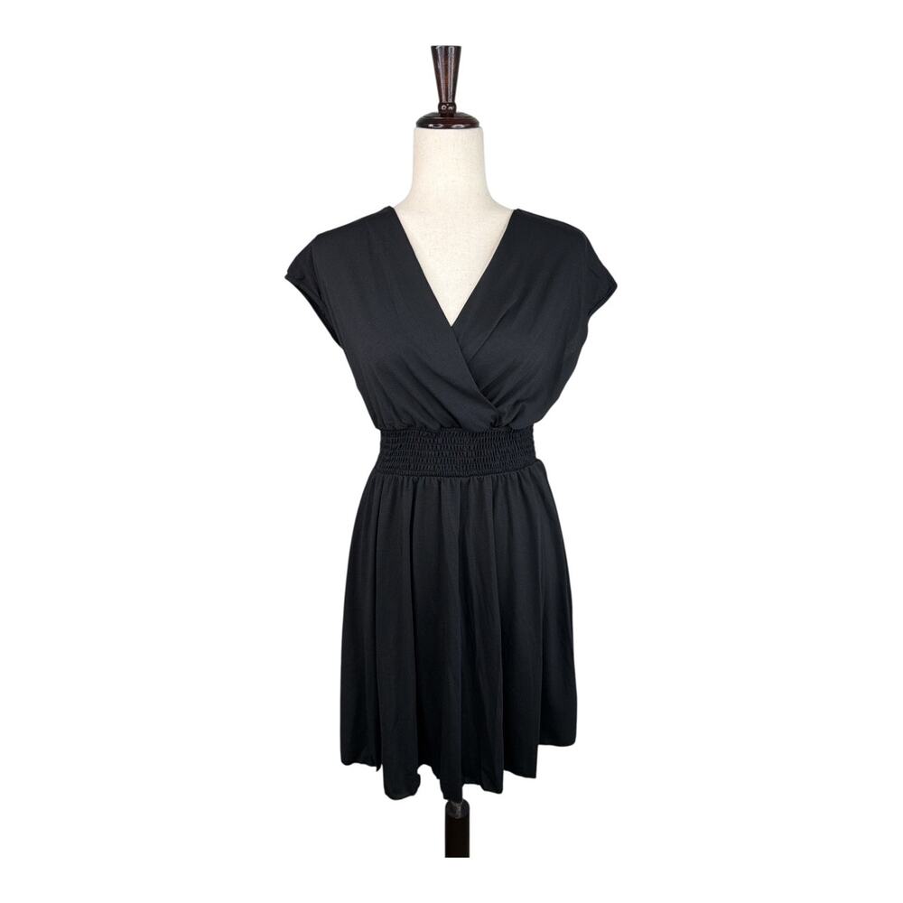 Dreimp Womens Black V-neck Smocked Short Sleeve Sundress Size Small